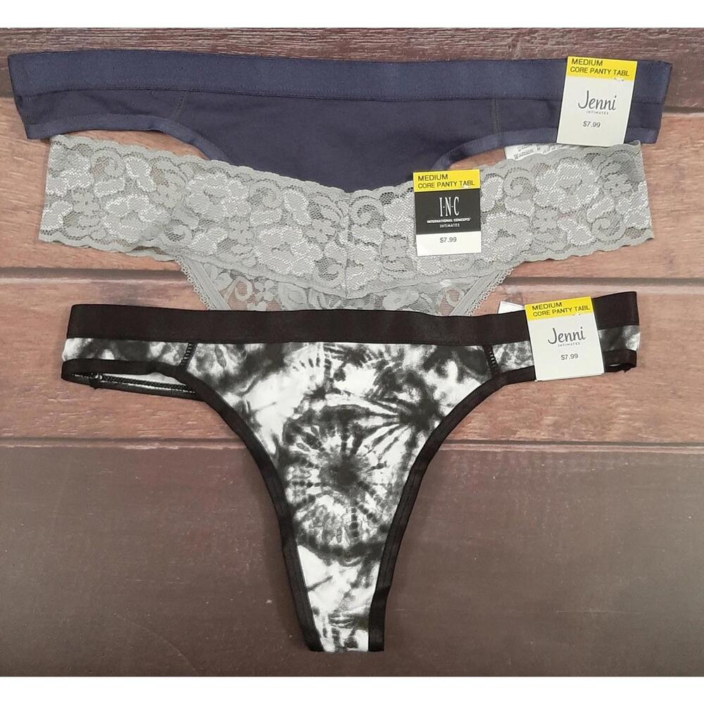 NEW Bundle of 3 Pairs Womens Thong Panties I.N.C. & Jenni Sz Med Blue Gray Black